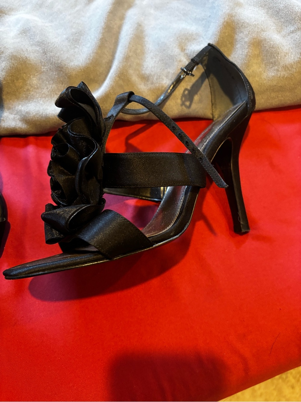Touch of Nina Black Satin Ruffle Stiletto Sandals